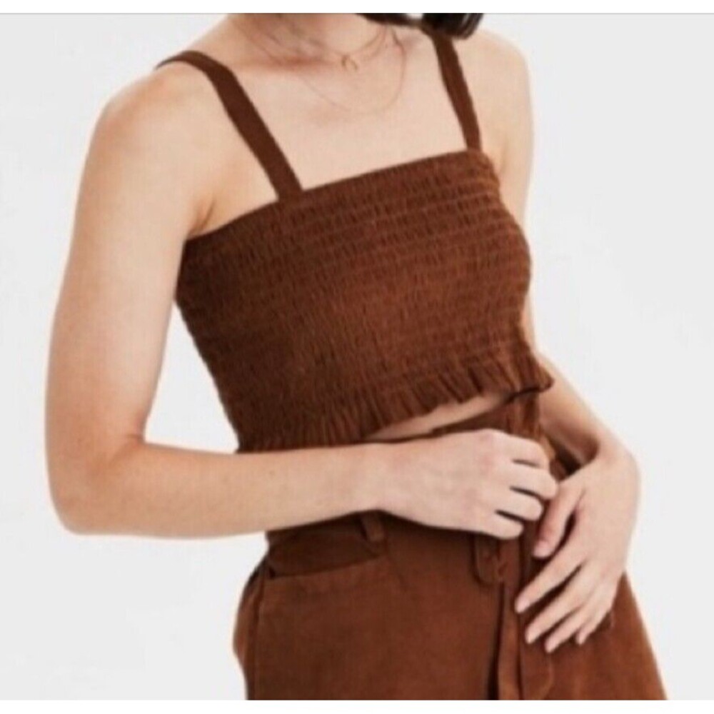 NWOT American Eagle Women's Corduroy Smocked Ruched Crop Top Brown Size M